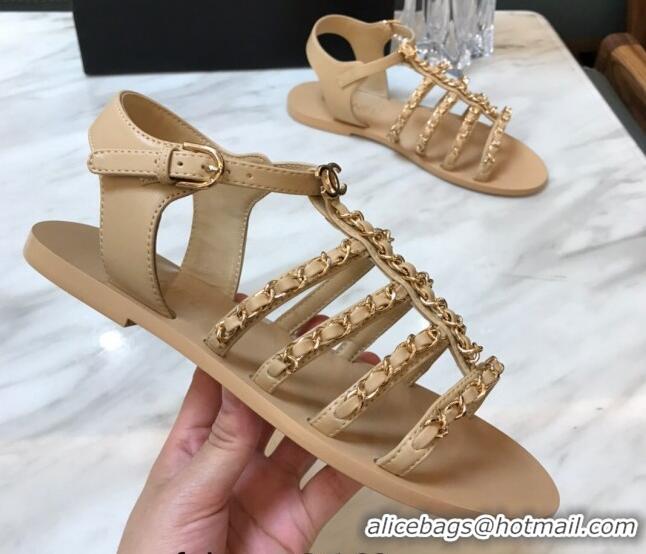 Perfect Chanel Lambskin Strap Flat Sandals with Chain Beige 719122