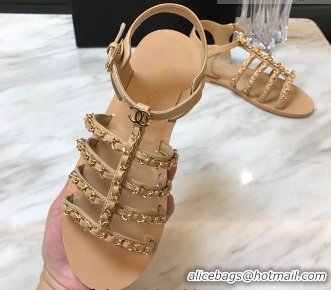 Perfect Chanel Lambskin Strap Flat Sandals with Chain Beige 719122