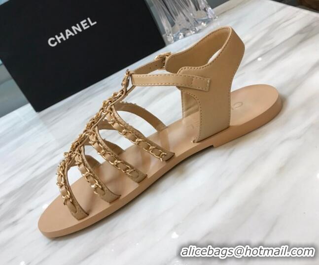 Perfect Chanel Lambskin Strap Flat Sandals with Chain Beige 719122