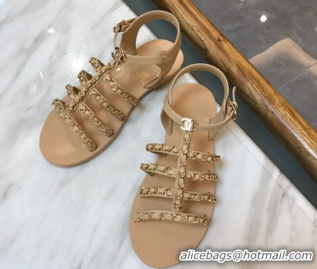 Perfect Chanel Lambskin Strap Flat Sandals with Chain Beige 719122