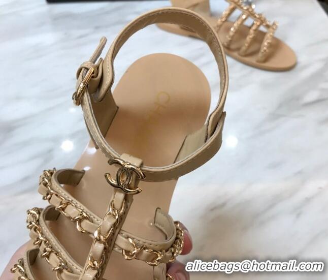 Perfect Chanel Lambskin Strap Flat Sandals with Chain Beige 719122