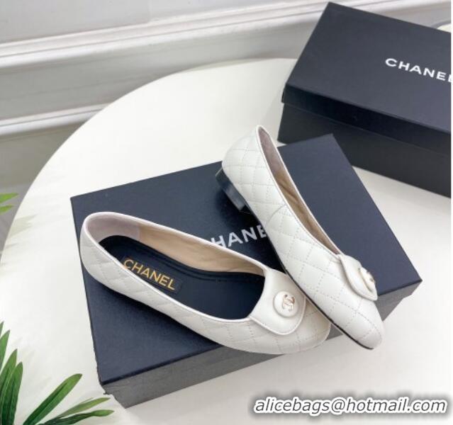 Top Design Chanel Lambskin Ballet Flat with CC Foldover White 719123