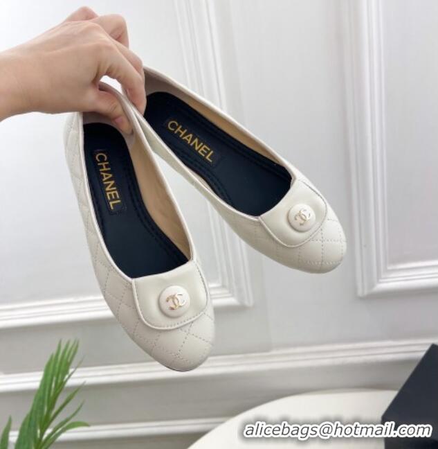 Top Design Chanel Lambskin Ballet Flat with CC Foldover White 719123