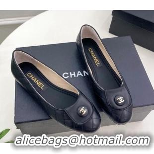 Durable Chanel Lambskin Ballet Flat with CC Foldover Black 719124