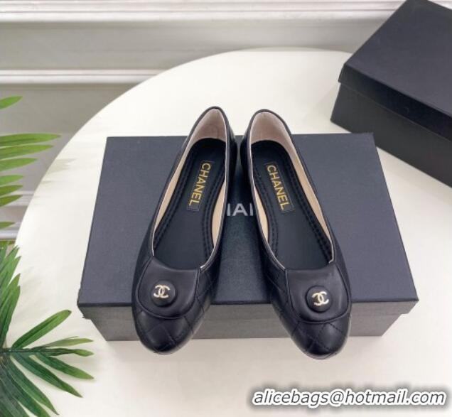 Durable Chanel Lambskin Ballet Flat with CC Foldover Black 719124