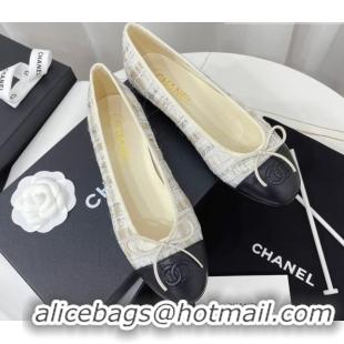 Best Grade Chanel Classic Tweed and Leather Ballerinas White/Beige/Black 724002