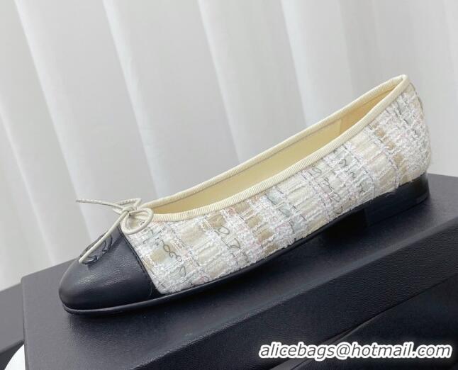 Best Grade Chanel Classic Tweed and Leather Ballerinas White/Beige/Black 724002