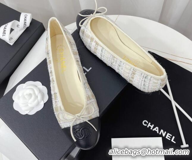 Best Grade Chanel Classic Tweed and Leather Ballerinas White/Beige/Black 724002