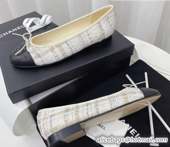 Best Grade Chanel Classic Tweed and Leather Ballerinas White/Beige/Black 724002