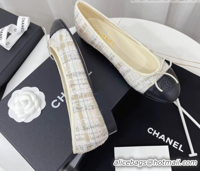 Best Grade Chanel Classic Tweed and Leather Ballerinas White/Beige/Black 724002