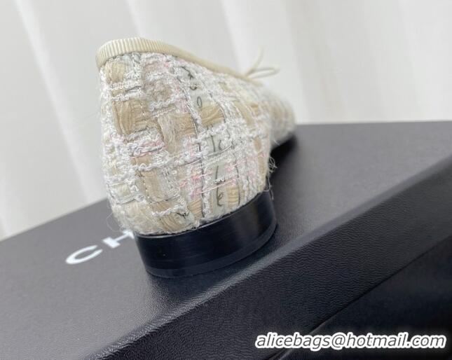 Best Grade Chanel Classic Tweed and Leather Ballerinas White/Beige/Black 724002