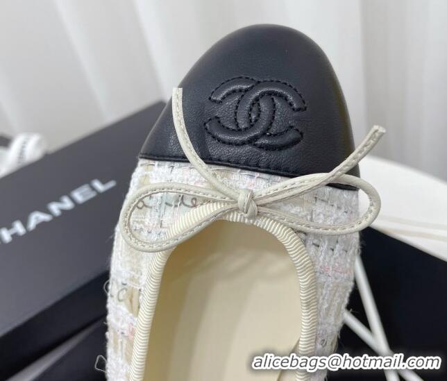 Best Grade Chanel Classic Tweed and Leather Ballerinas White/Beige/Black 724002