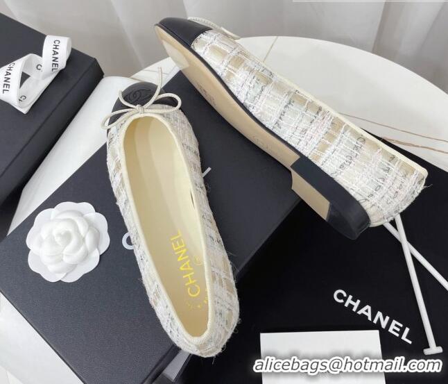 Best Grade Chanel Classic Tweed and Leather Ballerinas White/Beige/Black 724002