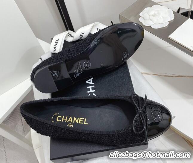 Good Quality Chanel Classic Tweed and Patent Leather Ballerinas All Black 724006