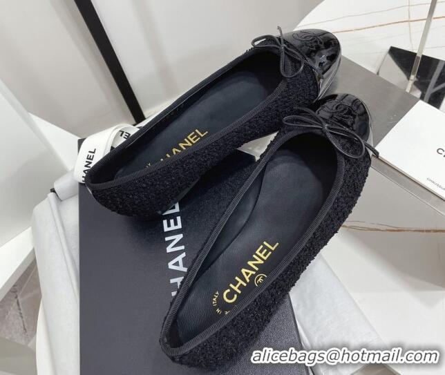 Good Quality Chanel Classic Tweed and Patent Leather Ballerinas All Black 724006