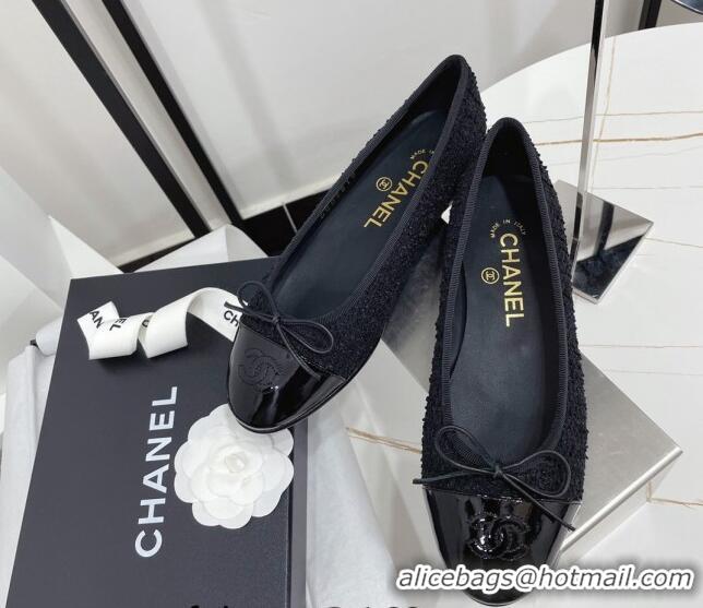 Good Quality Chanel Classic Tweed and Patent Leather Ballerinas All Black 724006