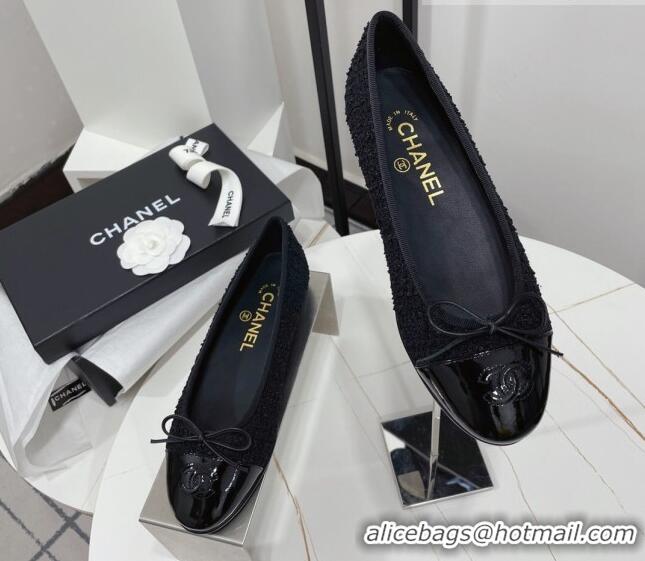 Good Quality Chanel Classic Tweed and Patent Leather Ballerinas All Black 724006