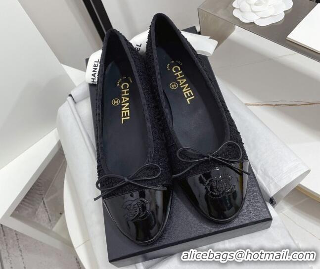 Good Quality Chanel Classic Tweed and Patent Leather Ballerinas All Black 724006