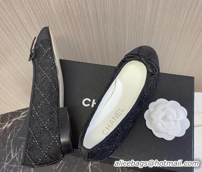 Luxury Chanel Classic Quilted Denim and Grosgrain Ballerinas Black 724009