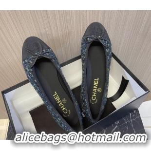 Best Grade Chanel Classic Tweed and Grosgrain Ballerinas Black/Green/Blue 724010