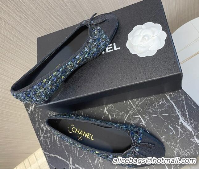 Best Grade Chanel Classic Tweed and Grosgrain Ballerinas Black/Green/Blue 724010