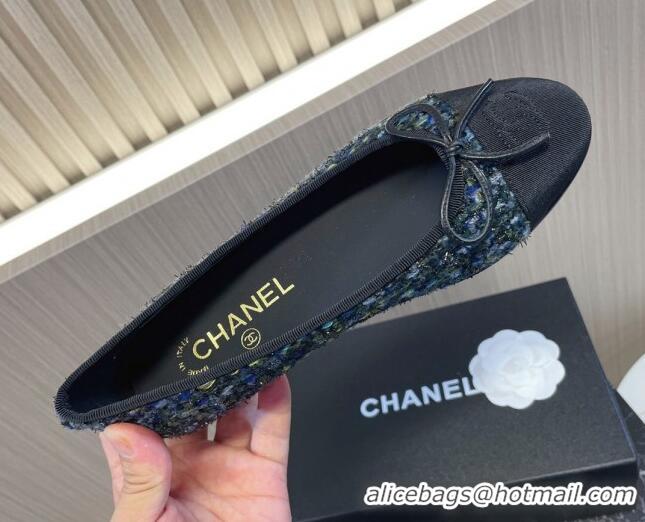 Best Grade Chanel Classic Tweed and Grosgrain Ballerinas Black/Green/Blue 724010