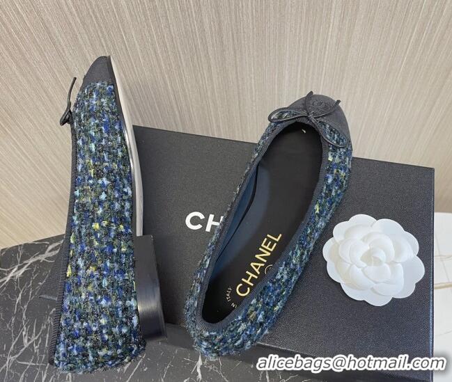 Best Grade Chanel Classic Tweed and Grosgrain Ballerinas Black/Green/Blue 724010