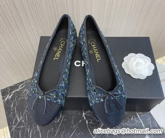 Best Grade Chanel Classic Tweed and Grosgrain Ballerinas Black/Green/Blue 724010