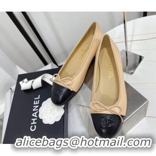 Good Looking Chanel Classic Calfskin Flat Ballerinas Beige/Black 724011