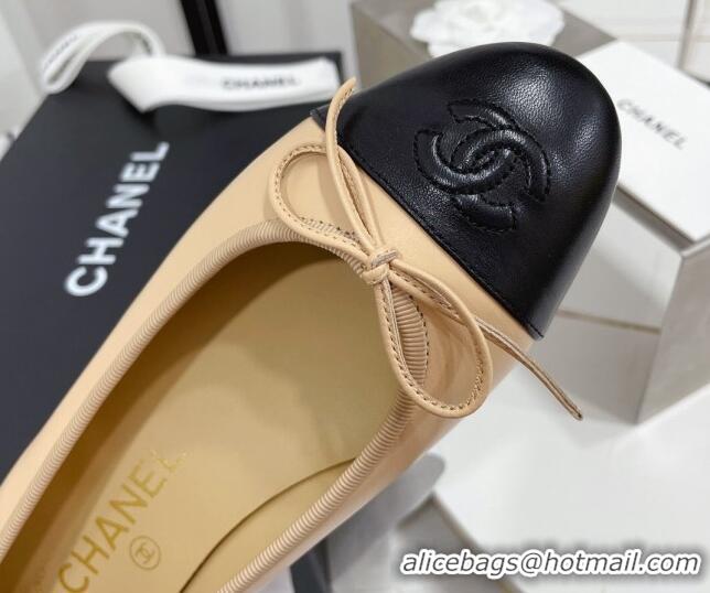 Good Looking Chanel Classic Calfskin Flat Ballerinas Beige/Black 724011