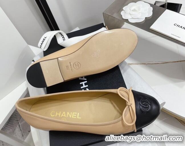 Good Looking Chanel Classic Calfskin Flat Ballerinas Beige/Black 724011