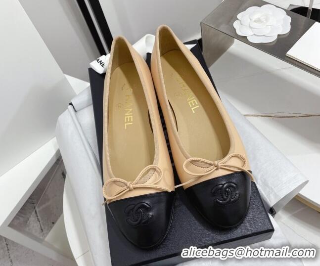 Good Looking Chanel Classic Calfskin Flat Ballerinas Beige/Black 724011