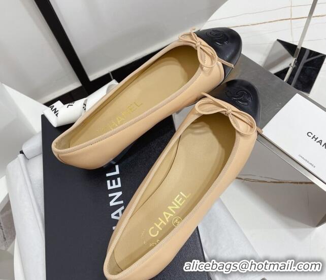 Good Looking Chanel Classic Calfskin Flat Ballerinas Beige/Black 724011