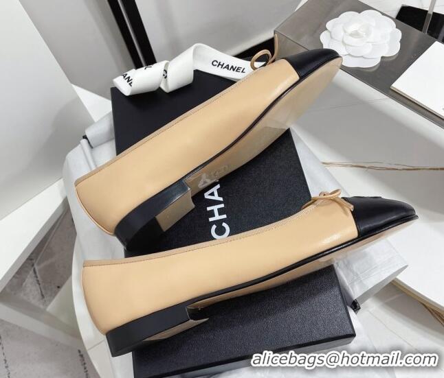 Good Looking Chanel Classic Calfskin Flat Ballerinas Beige/Black 724011