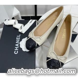 Pretty Style Chanel Classic Calfskin Flat Ballerinas Cream White/Black 724019