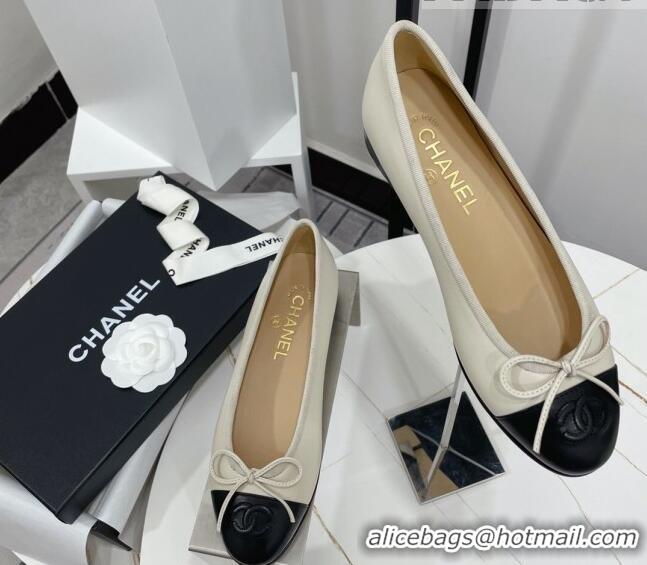 Pretty Style Chanel Classic Calfskin Flat Ballerinas Cream White/Black 724019