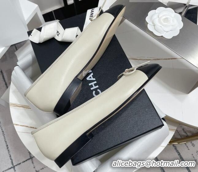 Pretty Style Chanel Classic Calfskin Flat Ballerinas Cream White/Black 724019