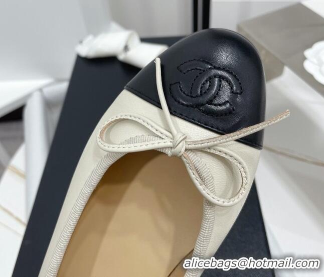 Pretty Style Chanel Classic Calfskin Flat Ballerinas Cream White/Black 724019