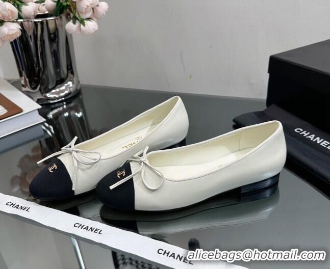 Shop Duplicate Chanel Classic Calfskin and Grosgrain Flat Ballerinas White 724020