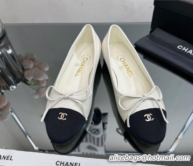 Shop Duplicate Chanel Classic Calfskin and Grosgrain Flat Ballerinas White 724020