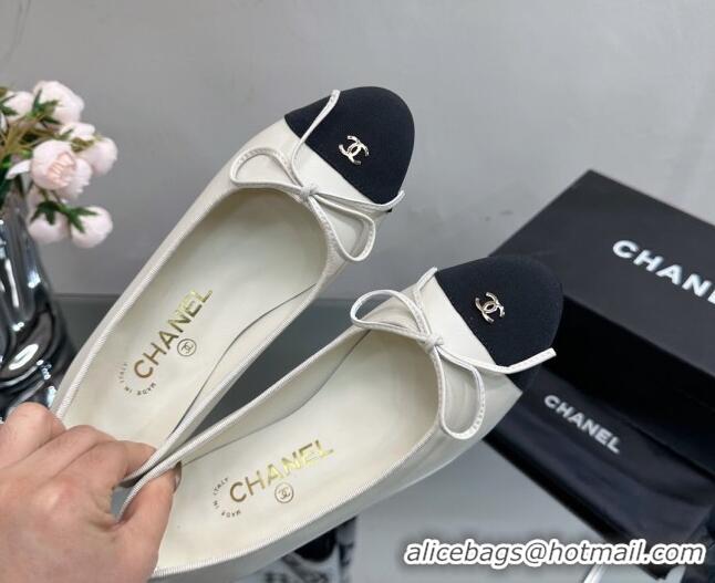 Shop Duplicate Chanel Classic Calfskin and Grosgrain Flat Ballerinas White 724020