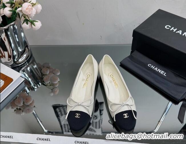 Shop Duplicate Chanel Classic Calfskin and Grosgrain Flat Ballerinas White 724020