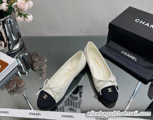 Shop Duplicate Chanel Classic Calfskin and Grosgrain Flat Ballerinas White 724020