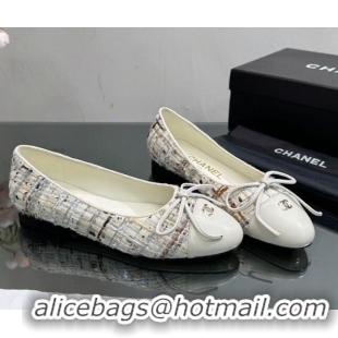 Duplicate Chanel Classic Tweed and Grosgrain Flat Ballerinas White/Beige 724024