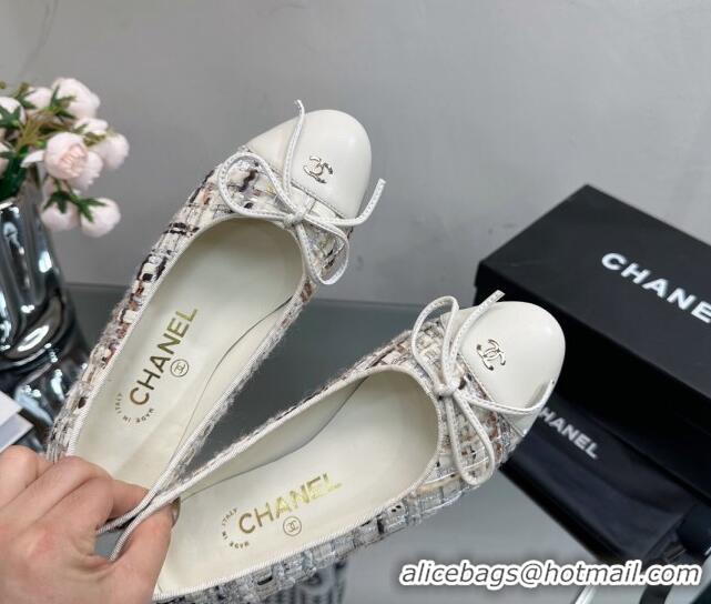 Duplicate Chanel Classic Tweed and Grosgrain Flat Ballerinas White/Beige 724024