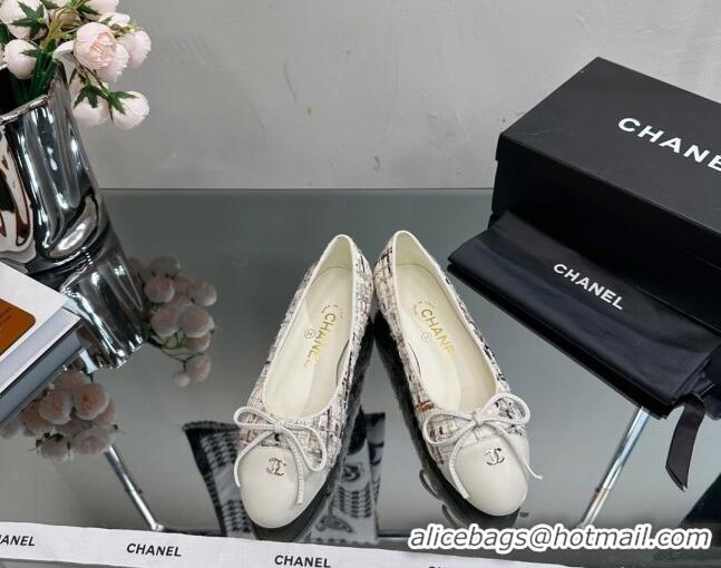 Duplicate Chanel Classic Tweed and Grosgrain Flat Ballerinas White/Beige 724024