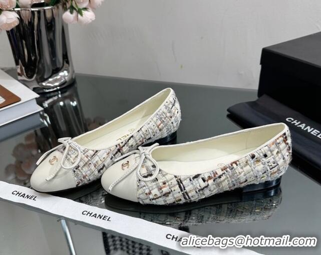 Duplicate Chanel Classic Tweed and Grosgrain Flat Ballerinas White/Beige 724024