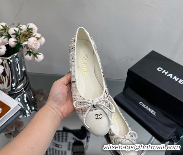 Duplicate Chanel Classic Tweed and Grosgrain Flat Ballerinas White/Beige 724024