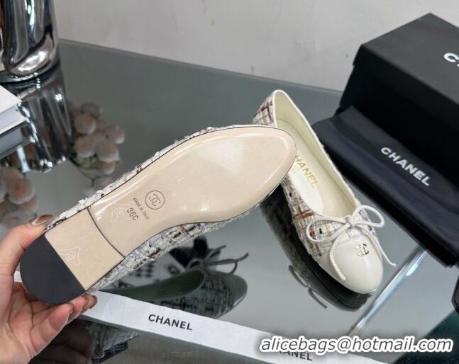 Duplicate Chanel Classic Tweed and Grosgrain Flat Ballerinas White/Beige 724024