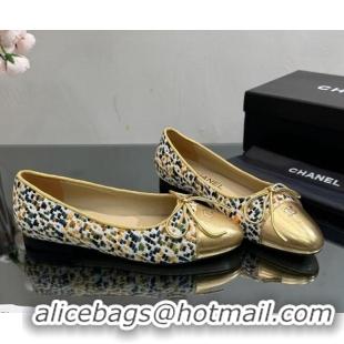 Luxury Chanel Classic Tweed and Grosgrain Flat Ballerinas Gold/Multicolor 724025